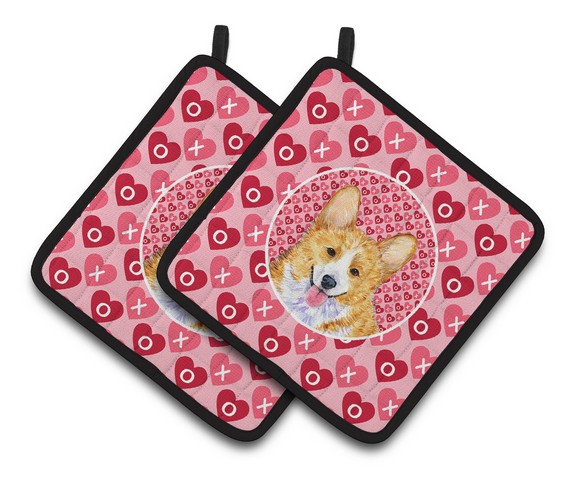 Picture of Carolines Treasures SS4486PTHD Corgi Hearts Love & Valentines Day Portrait Pair of Pot Holders, 7.5 x 3 x 7.5 in.