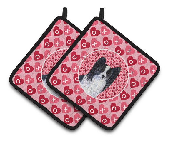 Picture of Carolines Treasures SS4505PTHD Papillon Hearts Love & Valentines Day Portrait Pair of Pot Holders, 7.5 x 3 x 7.5 in.