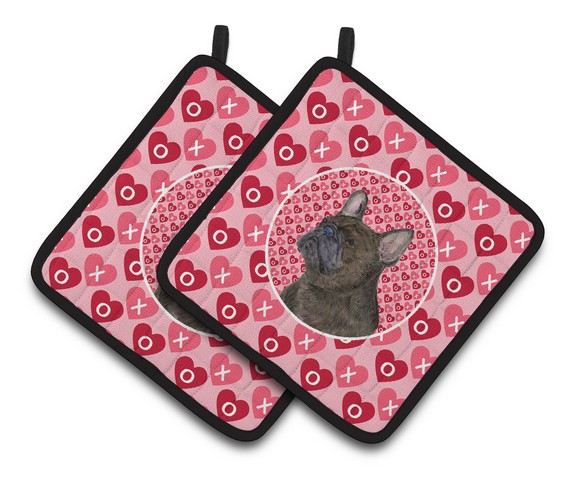 Picture of Carolines Treasures SS4519PTHD French Bulldog Hearts Love & Valentines Day Portrait Pair of Pot Holders, 7.5 x 3 x 7.5 in.