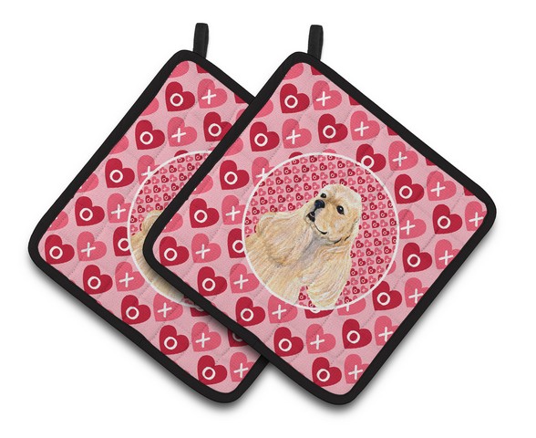 Picture of Carolines Treasures SS4522PTHD Buff Cocker Spaniel Hearts Love Valentines Day Pair of Pot Holders, 7.5 x 3 x 7.5 in.