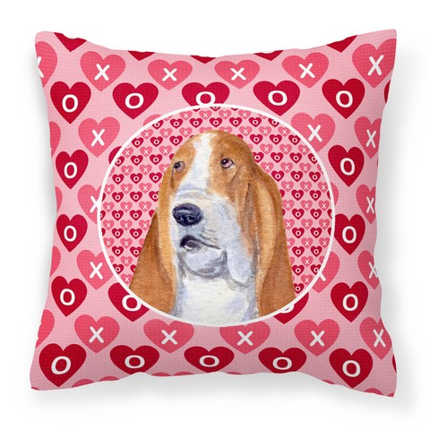 Basset Hound Hearts Love & Valentines Day Portrait Fabric Decorative Pillow, 14 x 3 x 14 in.