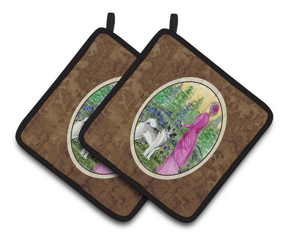 Picture of Carolines Treasures SS8154PTHD Lady with Her Norwegian Elkhound Pair of Pot Holders, 7.5 x 3 x 7.5 in.