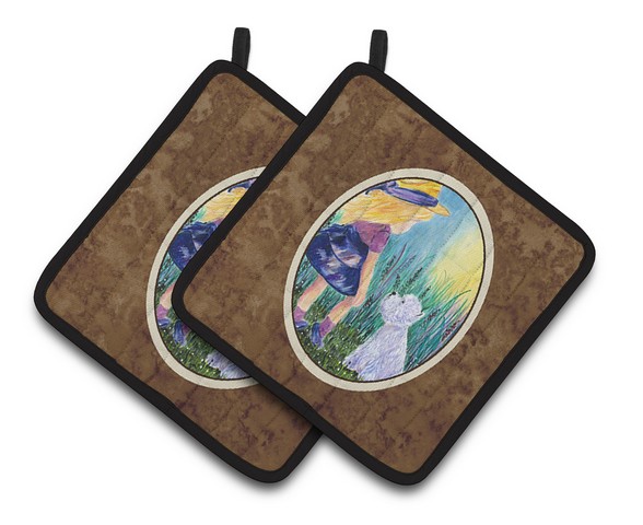 Picture of Carolines Treasures SS8351PTHD Little Girl with Westie Pair of Pot Holders, 7.5 x 3 x 7.5 in.