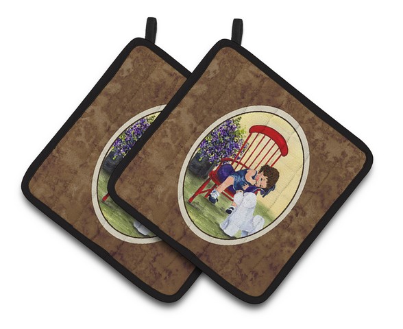 Picture of Carolines Treasures SS8533PTHD Little Girl with Her Bichon Frise Pair of Pot Holders, 7.5 x 3 x 7.5 in.