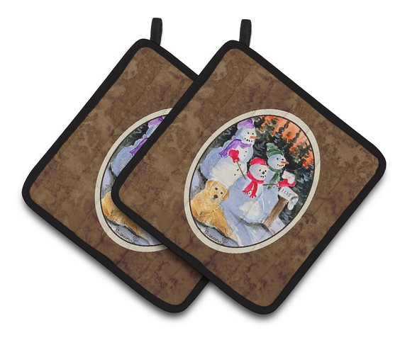 Picture of Carolines Treasures SS8989PTHD Snowman with Golden Retriever Pair of Pot Holders, 7.5 x 3 x 7.5 in.