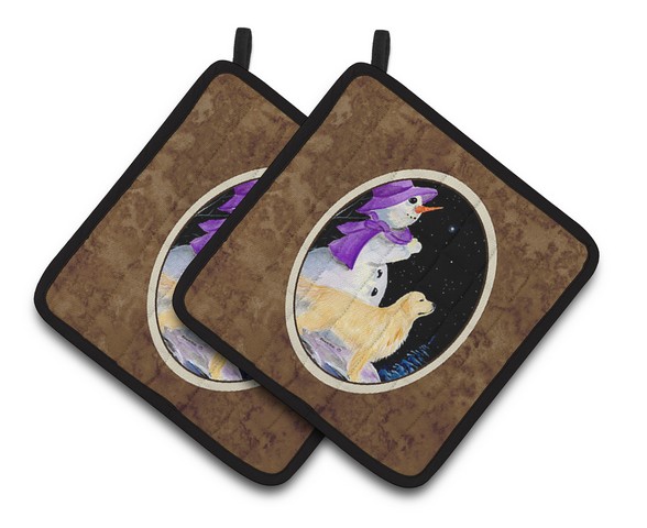 Snowman with Golden Retriever Pair of Pot Holders