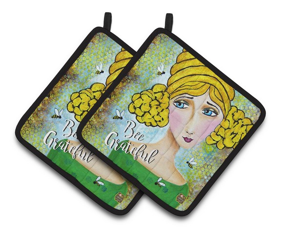 Picture of Carolines Treasures VHA3008PTHD Bee Grateful Girl with Beehive Pair of Pot Holders, 7.5 x 3 x 7.5 in.
