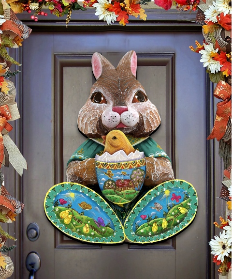 Picture of G.DeBrekht 8144502H Easter Bunny Rabbit with Chick Wooden Decorative Door Hanger 