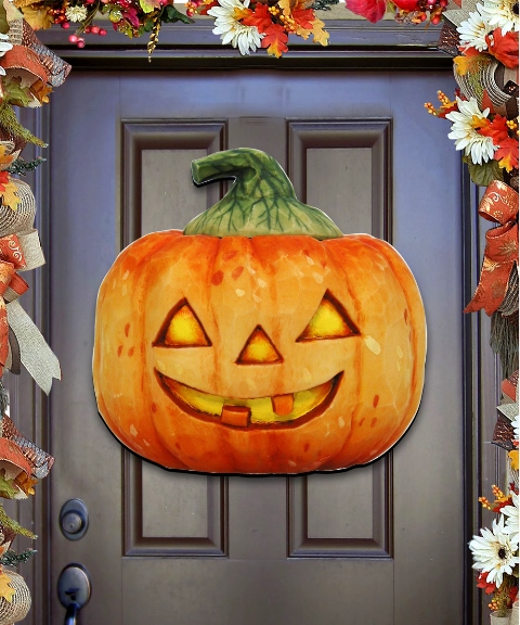 Halloween Pumpkin Door Hanger - Multi Color - 0.25 in. Thick - Handcrafted