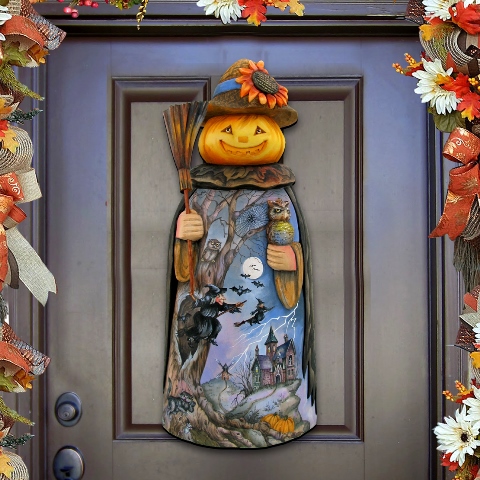 G.DeBrekht 8114180H Halloween Pumpkin Scarecrow Wooden Decorative Door Hanger - 24 x 11 x .25 in.