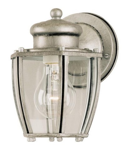 One Light Outdoor Wall Lantern, Antique Silver with Clear Curved Glass