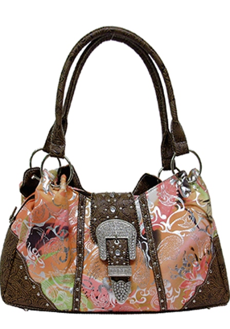 Texas Leather 500411FLBR Floral Print with Tooled Trim Handbag, Brown