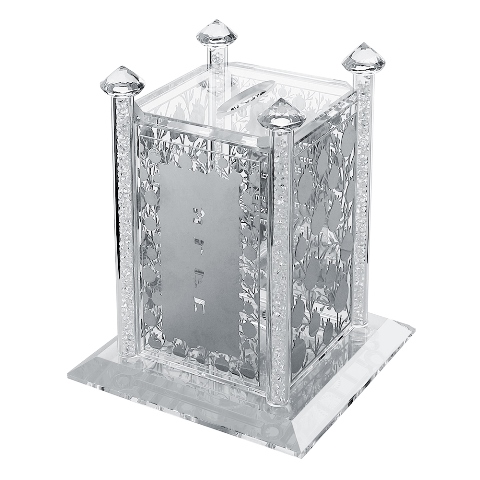 Picture of Shonfeld Crystal 154043 Tzedakah Pushka Crystal with Silver Plaques Tzedakah Pomegranate Broken Glass Style - 4.5 x 4.5 in.