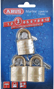 Picture of ABUS 55MB by 30 C KA Solid Brass Keyed Different Carded Padlock with Brass Shackle&#44; Pack of 3
