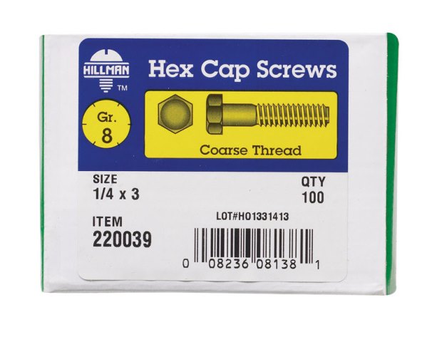 220039 0.25 x 3 in. Grade 8 Hex Cap Screw - Zinc Dichromate