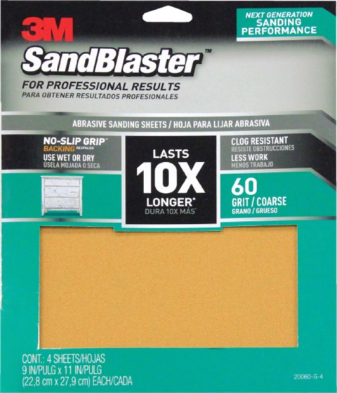 Picture of 3M 20060-G-4 SandBlaster Sandpaper with No Slip Grip Backing  60 Grit  11 x 9 in. - 