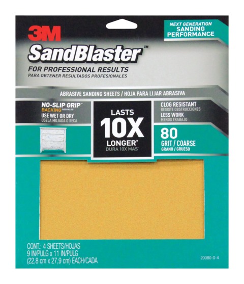 Picture of 3M 20080-G-4 SandBlaster Sandpaper with No Slip Grip Backing  80 Grit  11 x 9 in. - 