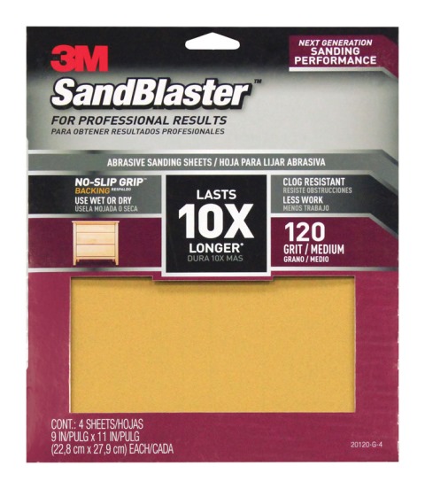 Picture of 3M 20120-G-4 SandBlaster Sandpaper with No Slip Grip Backing  120 Grit  11 x 9 in. - 