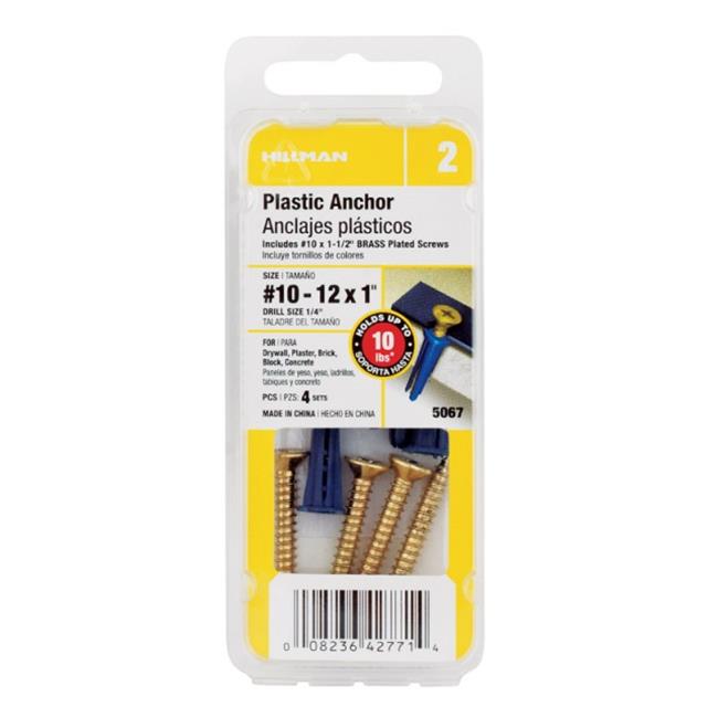 Hillman 5067 10-12 x 1 in. Flat Head Plastic Anchors with Screws Brass - pack...