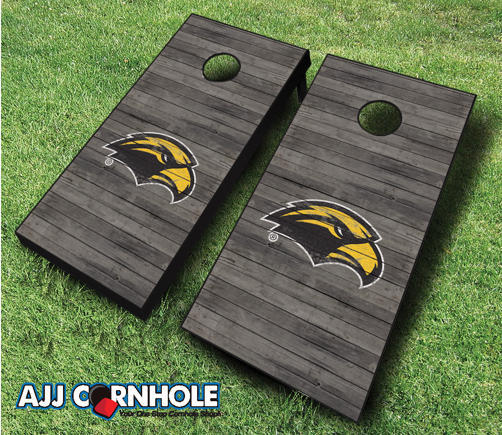 Picture of AJJCornhole 110-SouthernMissDistressed Southern Miss Golden Eagles Distressed Theme Cornhole Set with bags - 8 x 24 x 48 in.