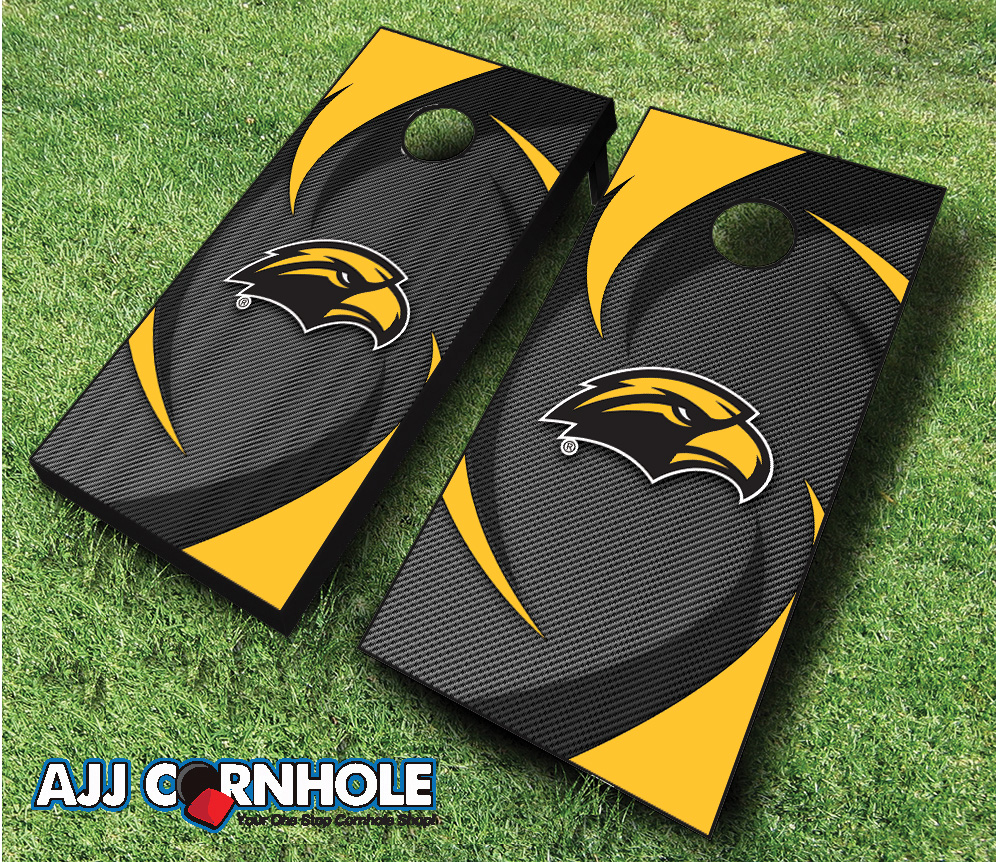 Picture of AJJCornhole 110-SouthernMissSwoosh Southern Miss Golden Eagles Swoosh Theme Cornhole Set with bags - 8 x 24 x 48 in.