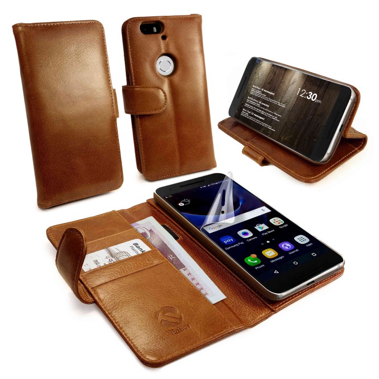 Picture of Tuff Luv C1-89 Vintage Leather Wallet Free Screen Protector Case Cover for Huawei Nexus 6P&#44; Brown