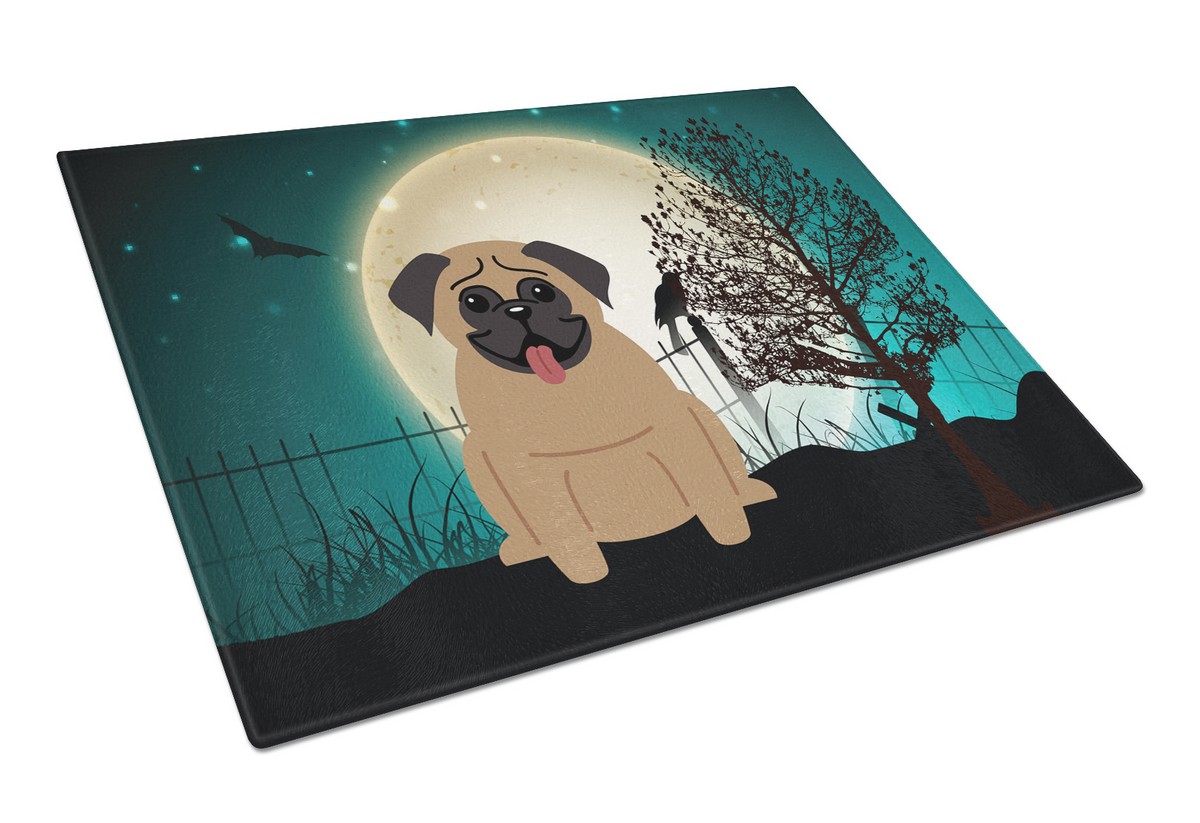 Picture of Carolines Treasures BB2195LCB Halloween Scary Pug Brown Glass Cutting Board, Large