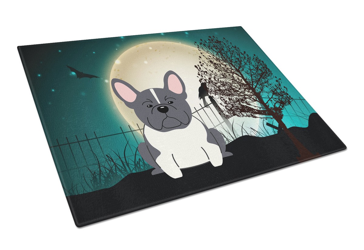 Picture of Carolines Treasures BB2202LCB Halloween Scary French Bulldog Black & White Glass Cutting Board, Large