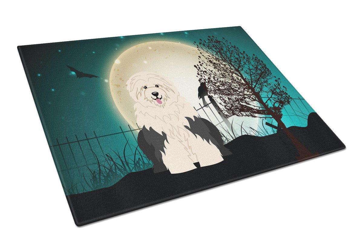 Picture of Carolines Treasures BB2286LCB Halloween Scary Old English Sheepdog Glass Cutting Board, Large