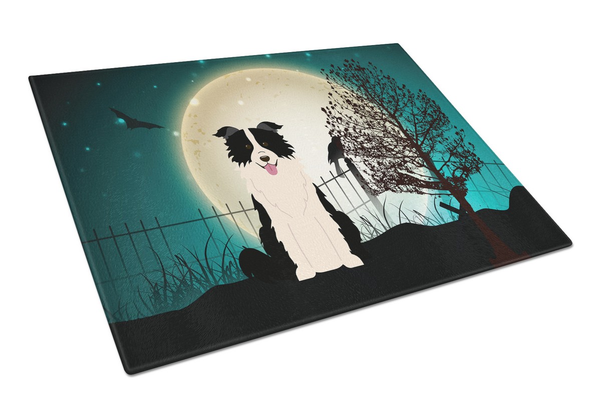 Picture of Carolines Treasures BB2308LCB Halloween Scary Border Collie Black & White Glass Cutting Board, Large
