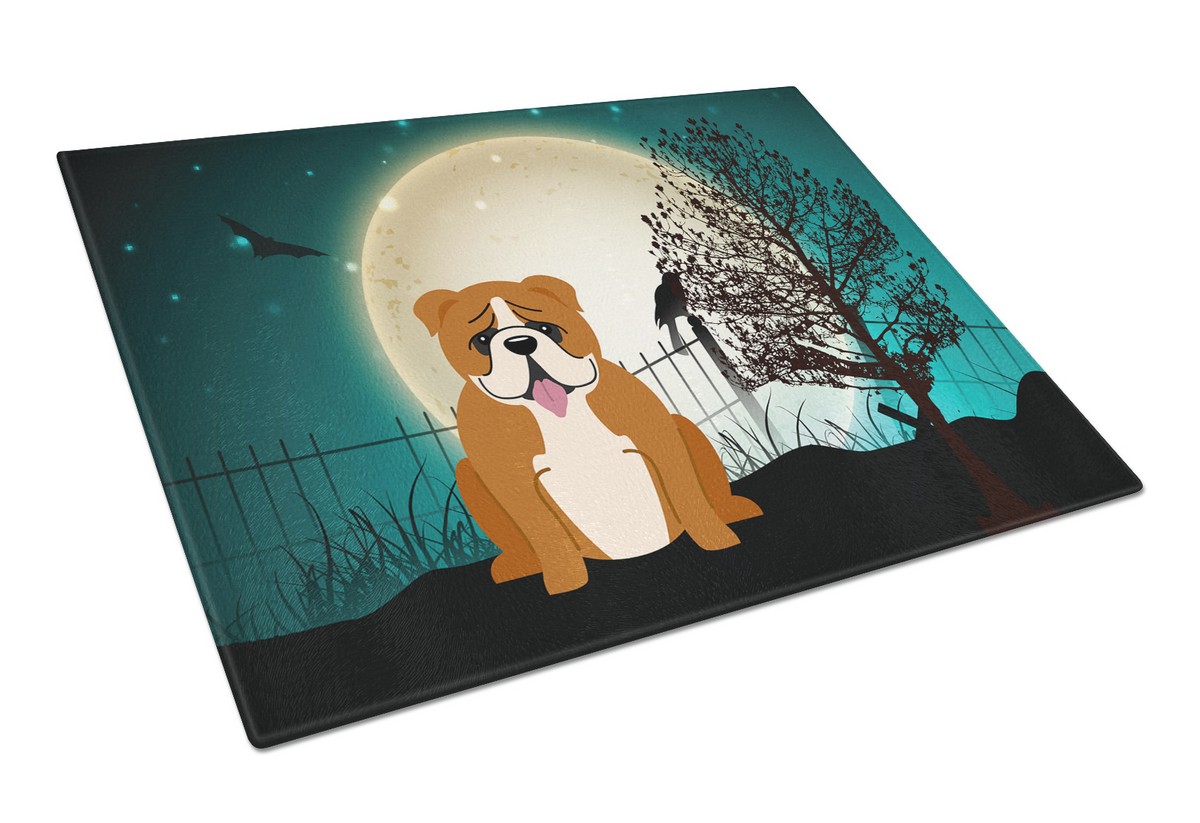 Picture of Carolines Treasures BB2310LCB Halloween Scary English Bulldog Red & White Glass Cutting Board, Large
