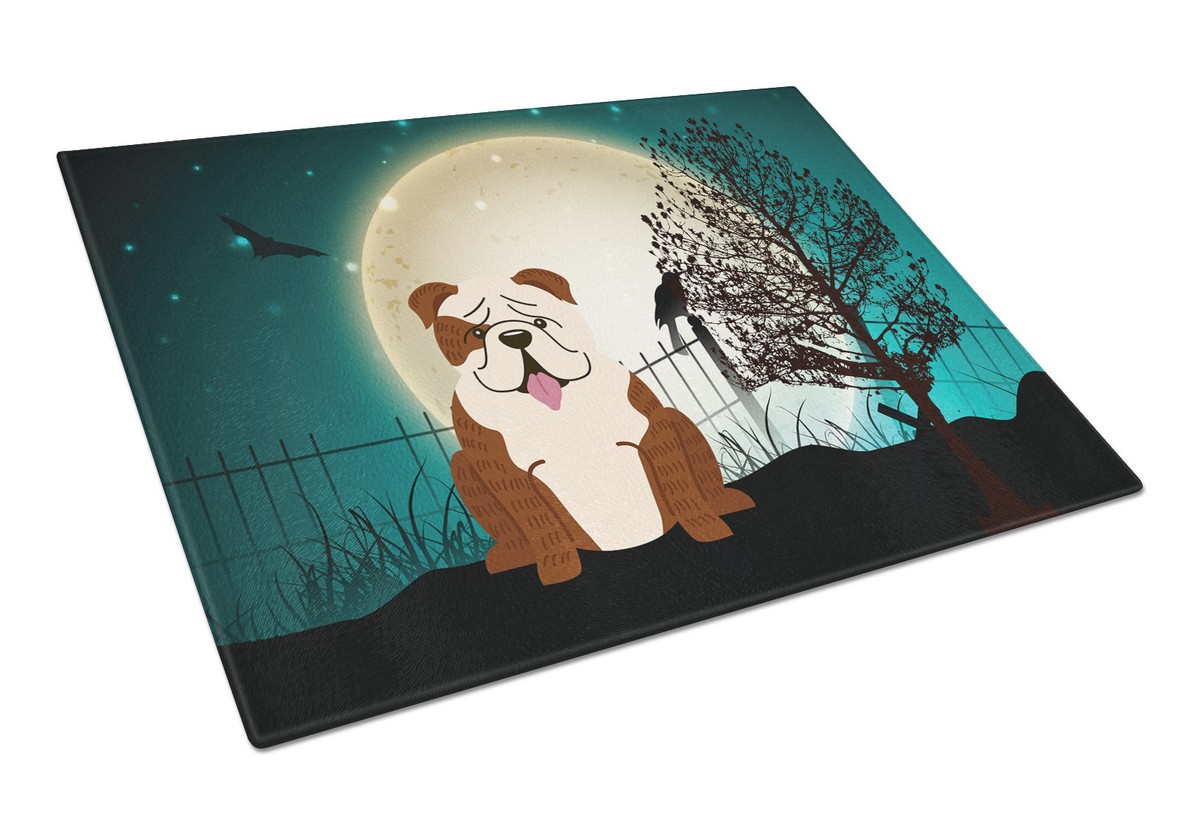 Picture of Carolines Treasures BB2311LCB Halloween Scary English Bulldog Brindle White Glass Cutting Board, Large