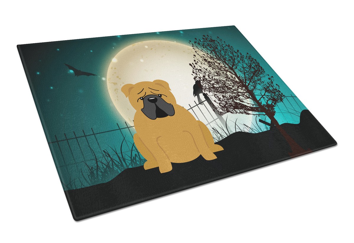 Picture of Carolines Treasures BB2312LCB Halloween Scary English Bulldog Red Glass Cutting Board, Large