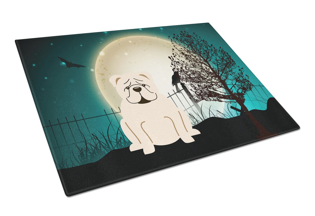 Picture of Carolines Treasures BB2313LCB Halloween Scary English Bulldog White Glass Cutting Board, Large