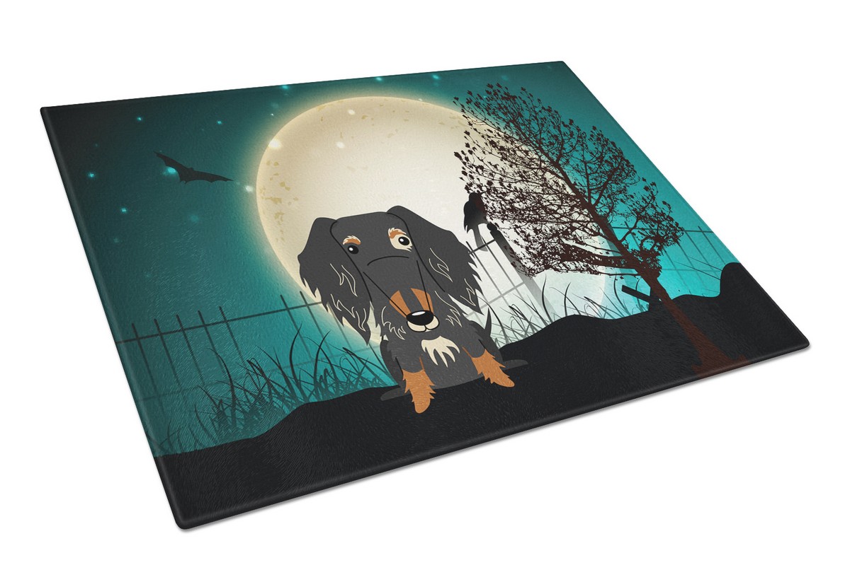 Picture of Carolines Treasures BB2318LCB Halloween Scary Wire Haired Dachshund Dapple Glass Cutting Board, Large