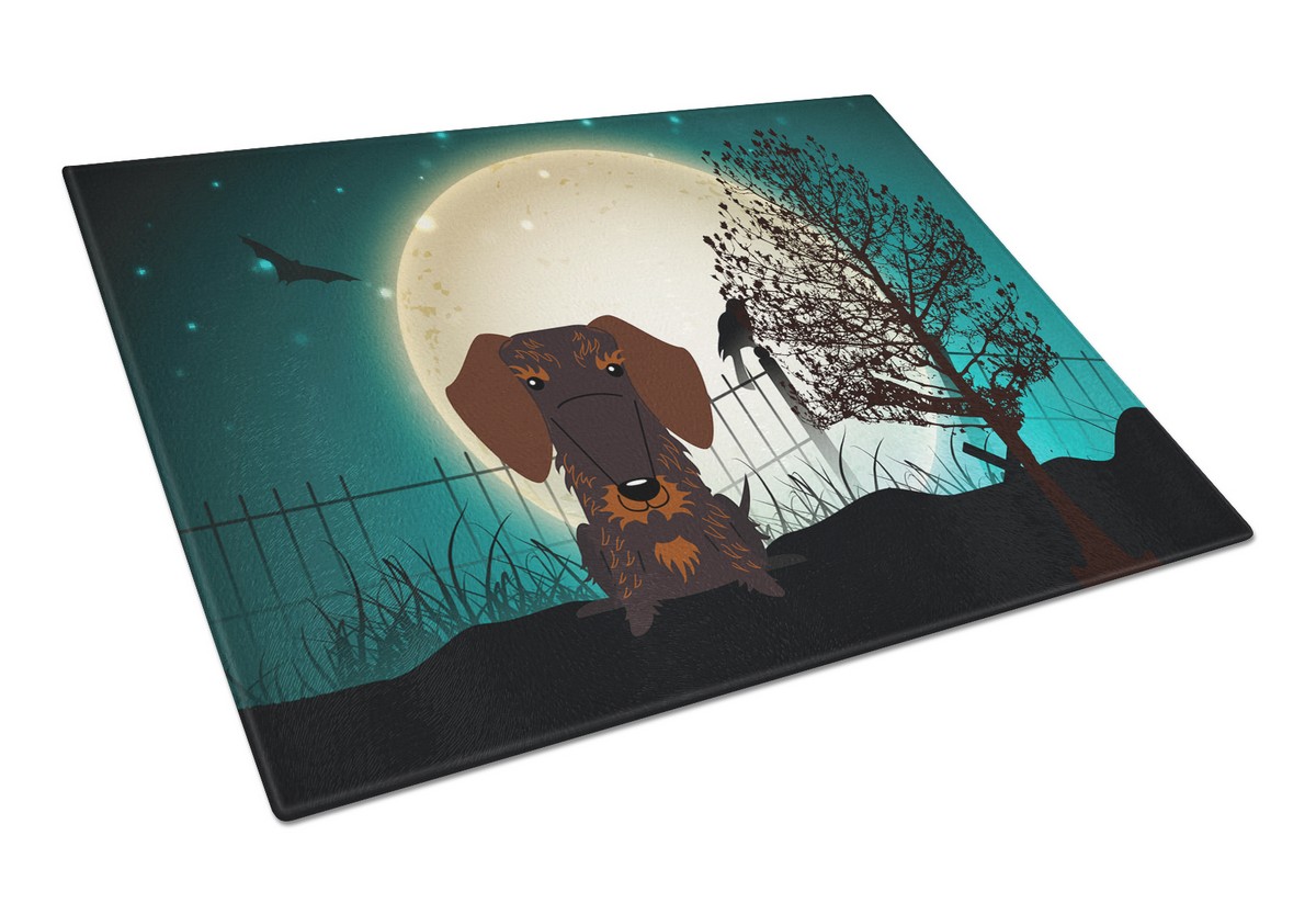 Picture of Carolines Treasures BB2319LCB Halloween Scary Wire Haired Dachshund Chocolate Glass Cutting Board, Large