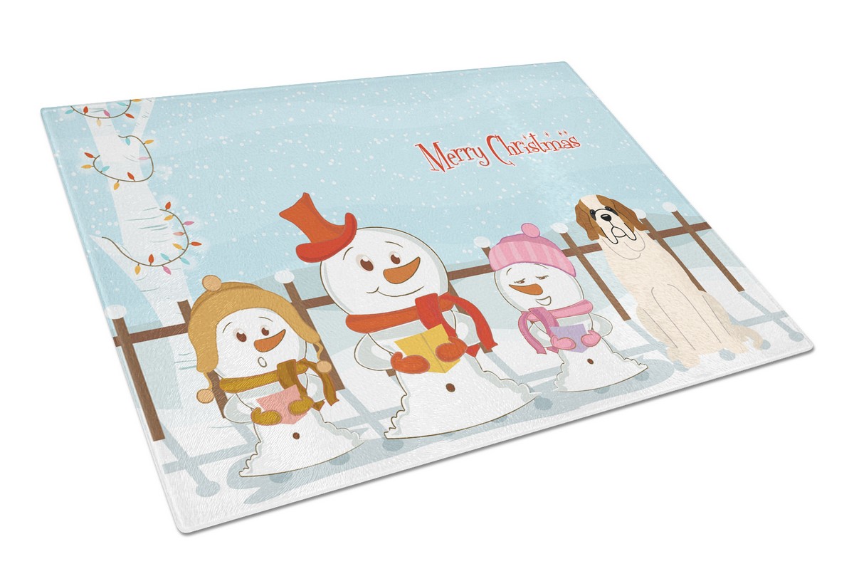 Merry Christmas Carolers Saint Bernard Glass Cutting Board - Large