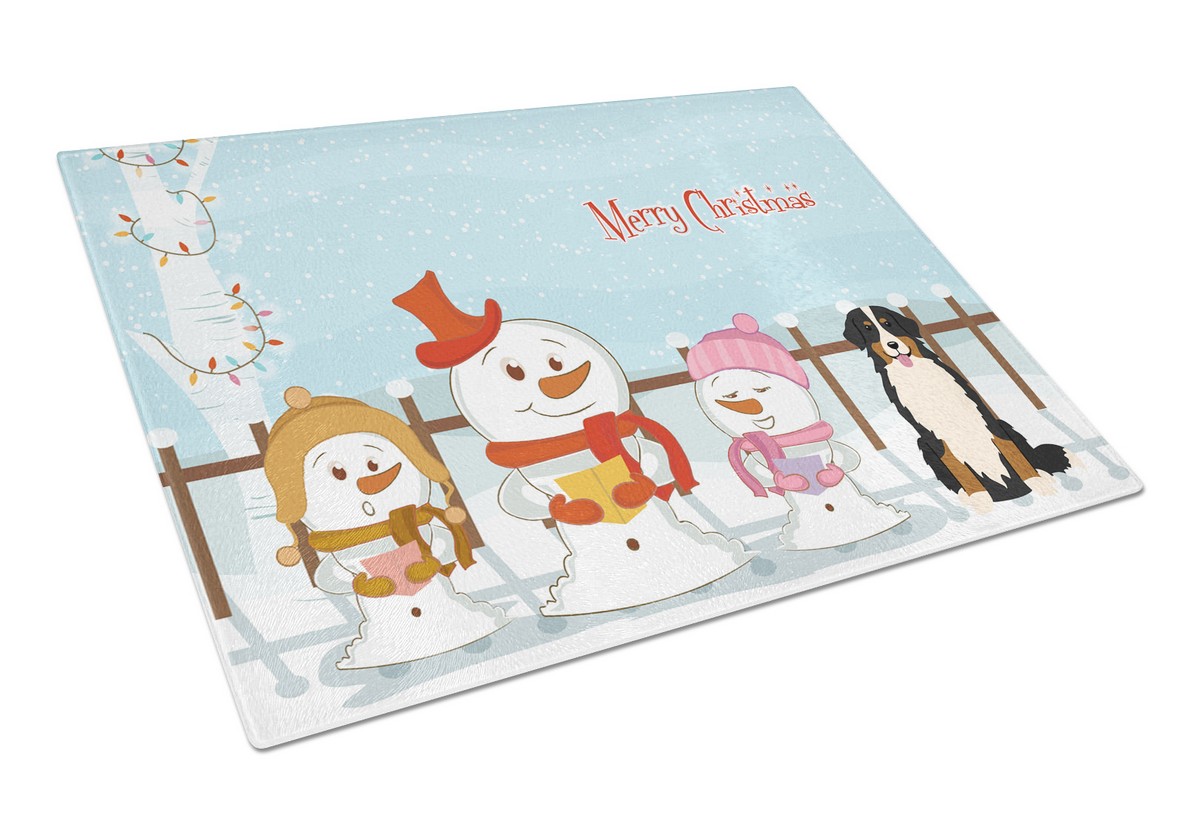 Merry Christmas Carolers Bernese Mountain Dog Glass Cutting Board - Large