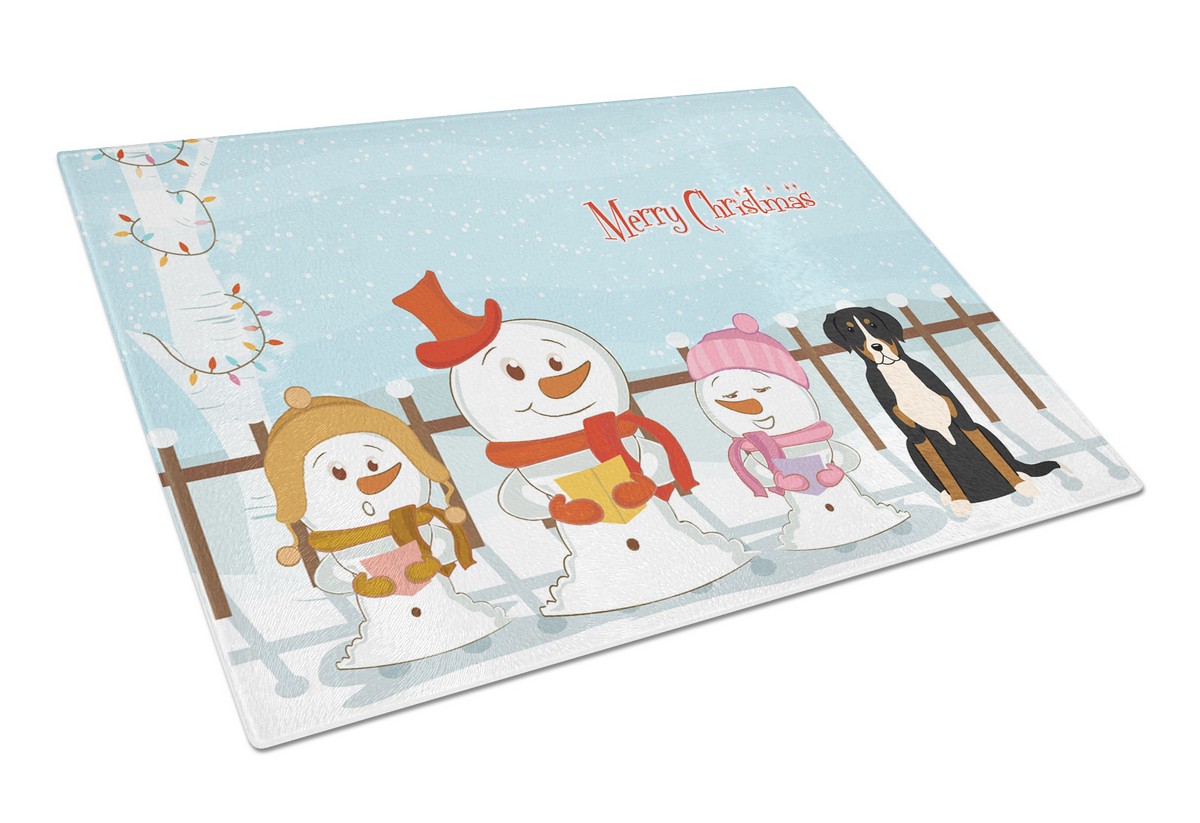 Merry Christmas Carolers Greater Swiss Mountain Dog Glass Cutting Board - Large