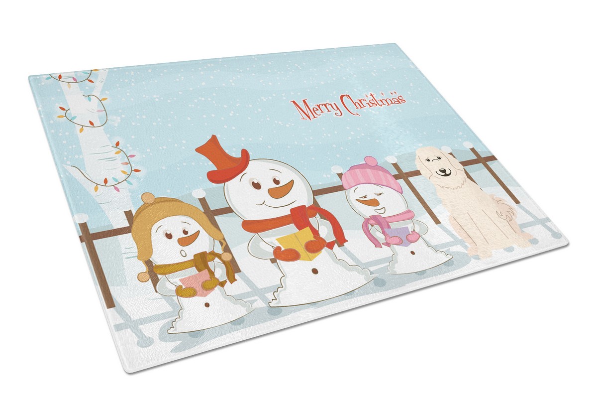 Merry Christmas Carolers Great Pyrenese Glass Cutting Board - Large