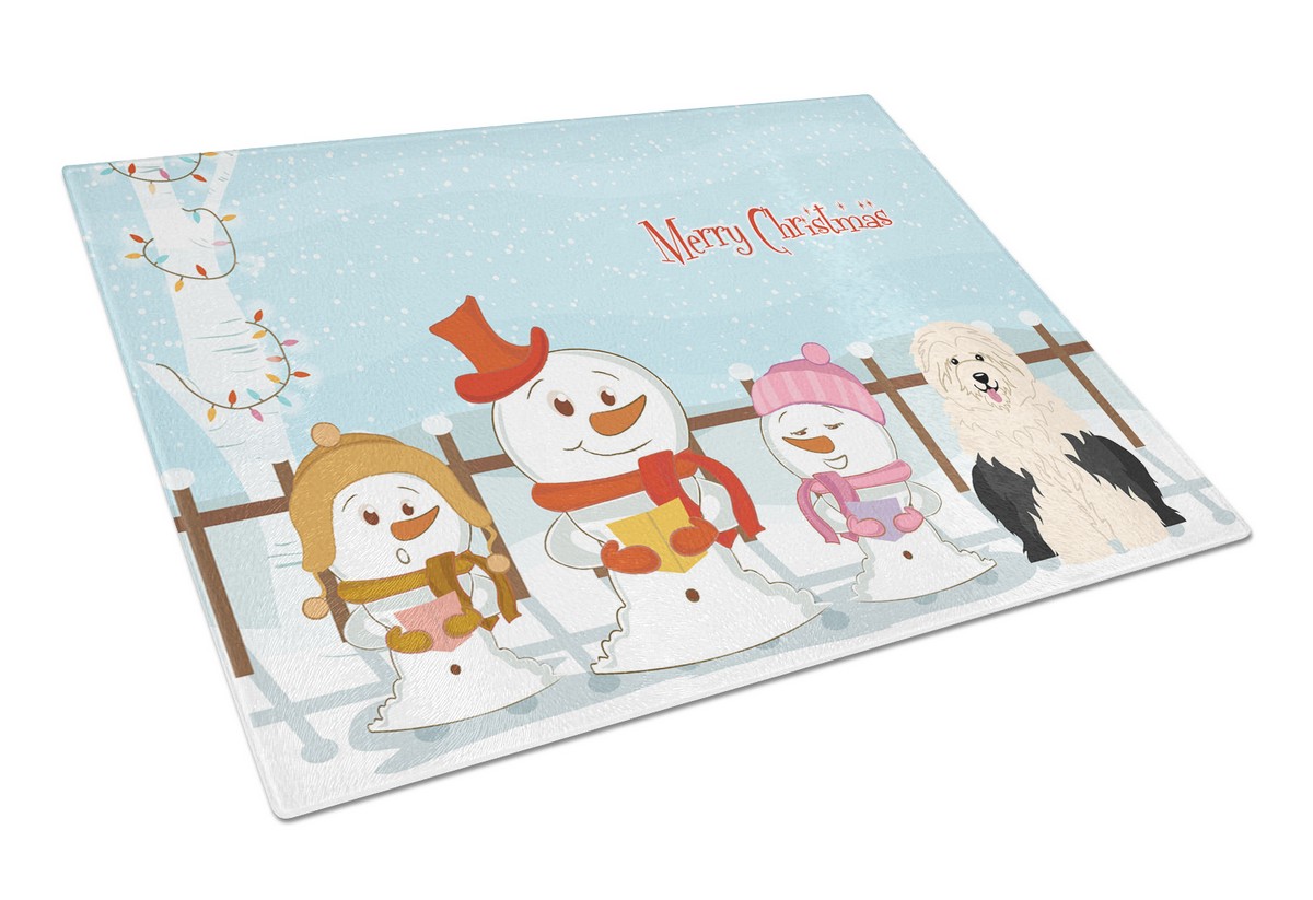 BB2427LCB Merry Christmas Carolers Old English Sheepdog Glass Cutting Board, Large