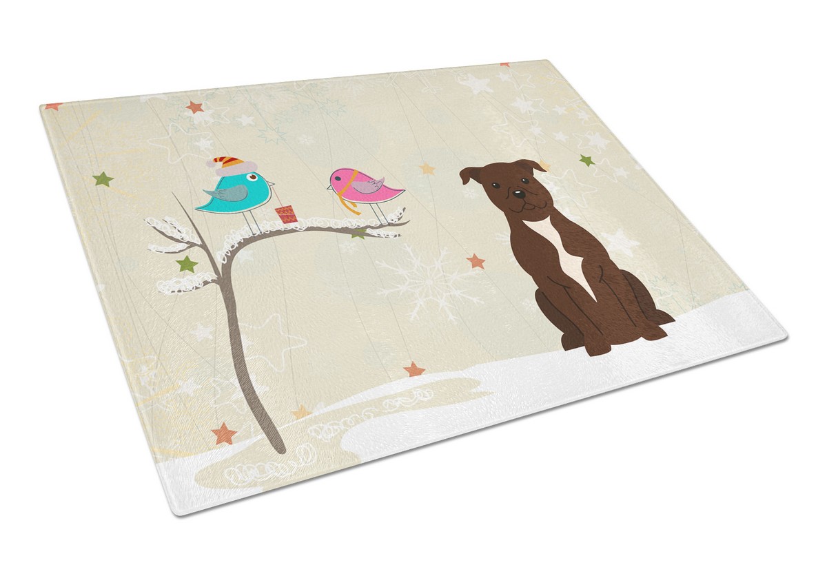 BB2520LCB Christmas Presents Between Friends Staffordshire Bull Terrier Chocolate Glass Cutting Board, Large