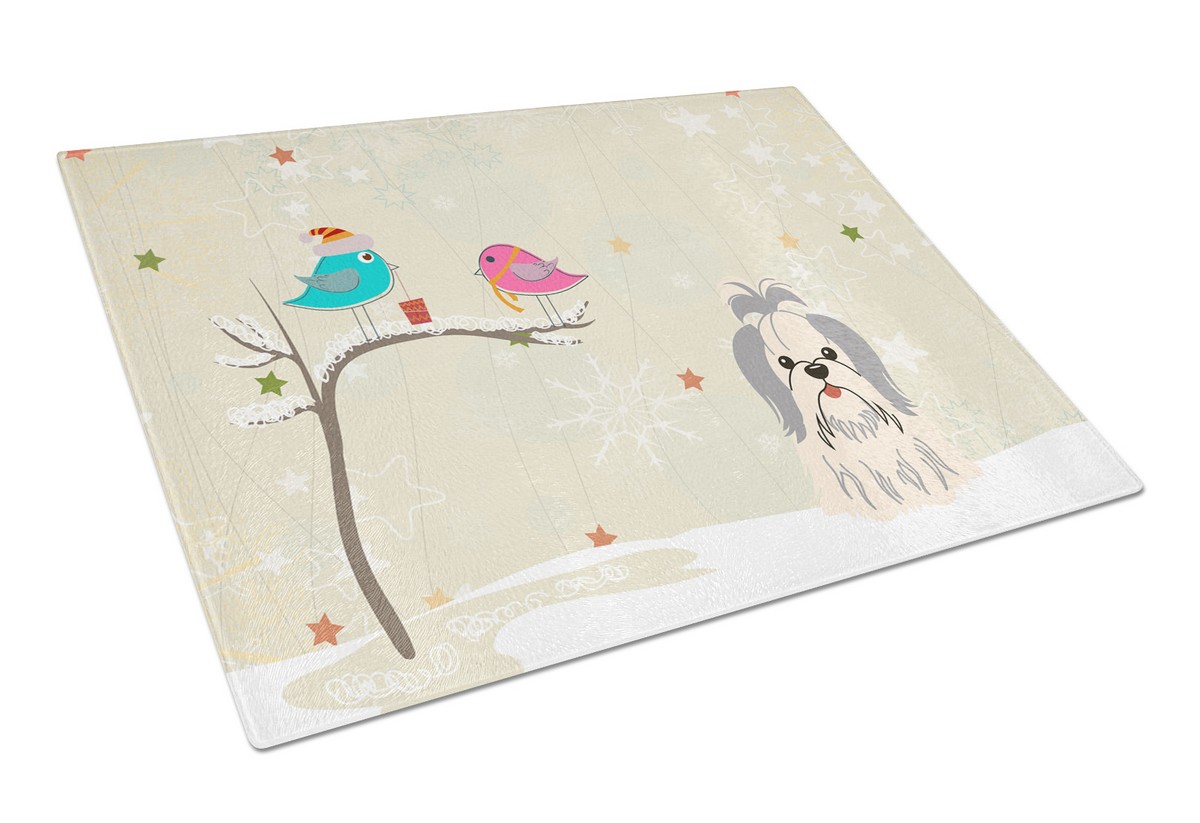 Christmas Presents Between Friends Shih Tzu Silver & White Glass Cutting Board - Large