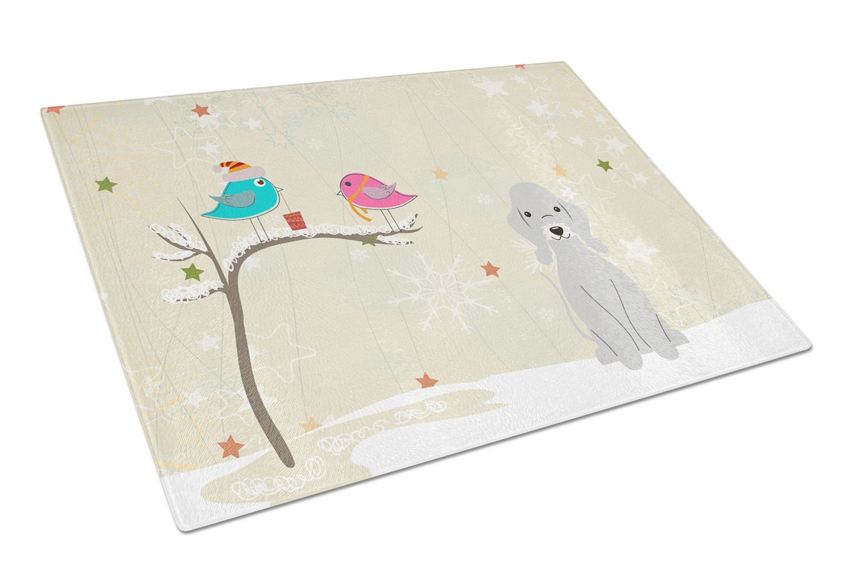 Christmas Presents Between Friends Bedlington Terrier Blue Glass Cutting Board, Large