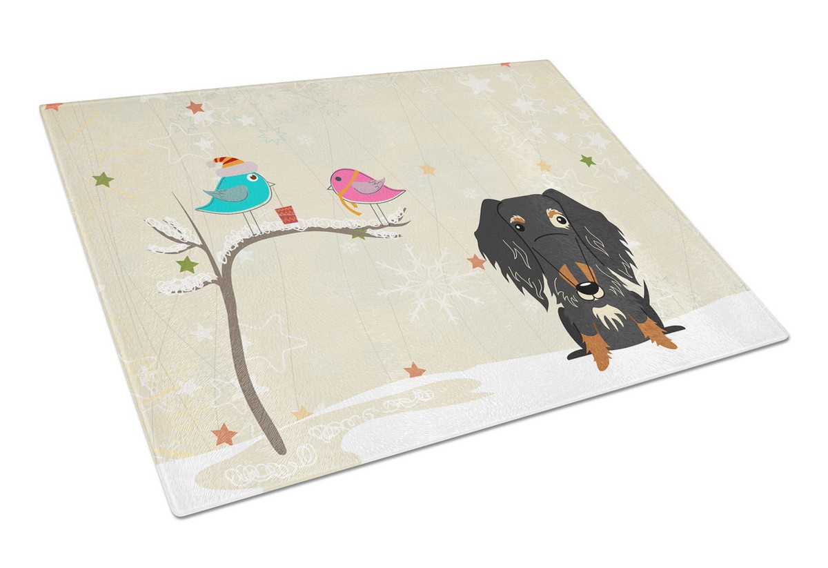 Christmas Presents Between Friends Wire Haired Dachshund Dapple Glass Cutting Board - Large