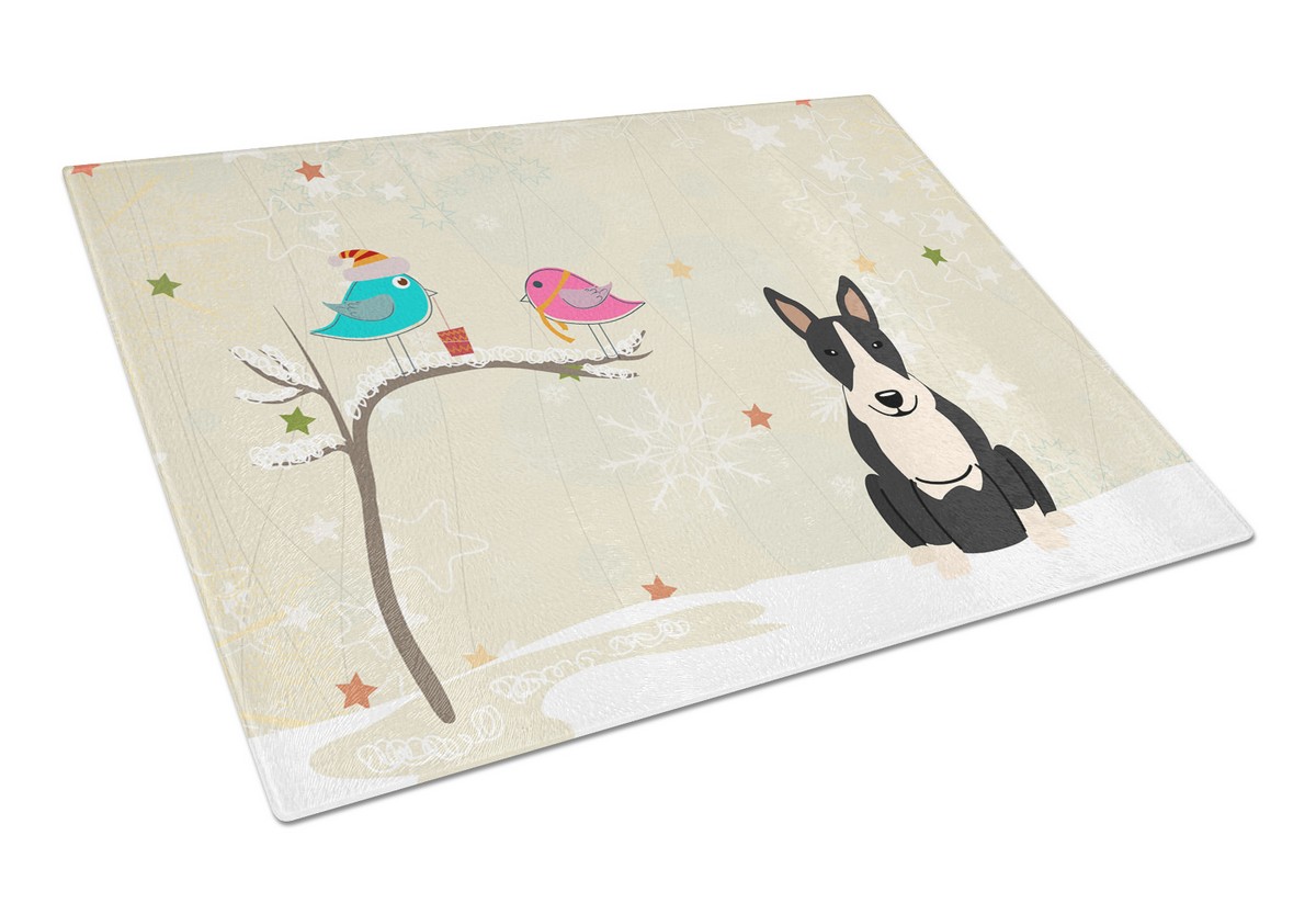 Christmas Presents Between Friends Bull Terrier Black & White Glass Cutting Board - Large