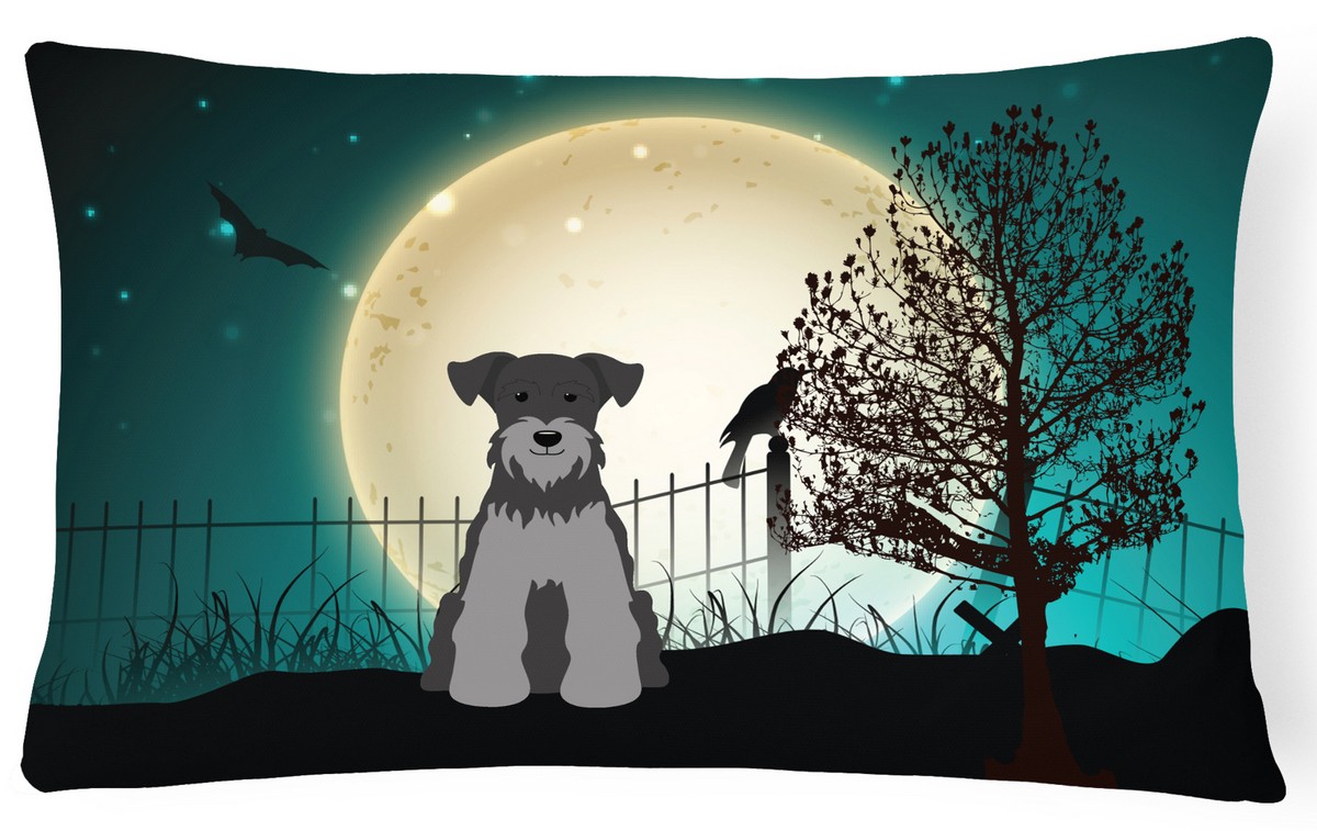 Picture of Carolines Treasures BB2242PW1216 Halloween Scary Miniature Schanuzer Black & Silver Canvas Fabric Decorative Pillow
