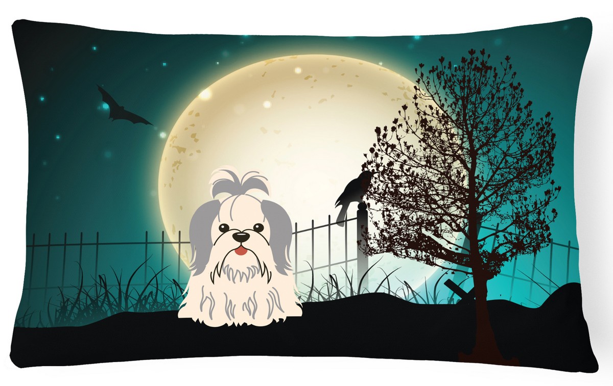 Halloween Scary Shih Tzu Silver & White Canvas Fabric Decorative Pillow