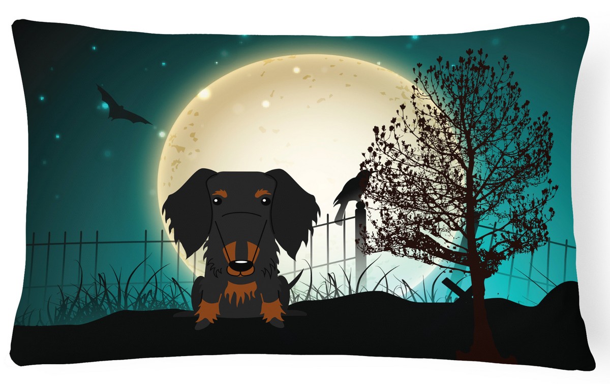 Halloween Scary Wire Haired Dachshund Black & Tan Canvas Fabric Decorative Pillow
