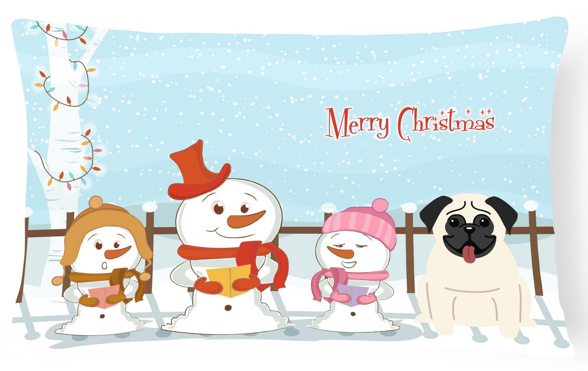 Merry Christmas Carolers Pug Cream Canvas Fabric Decorative Pillow